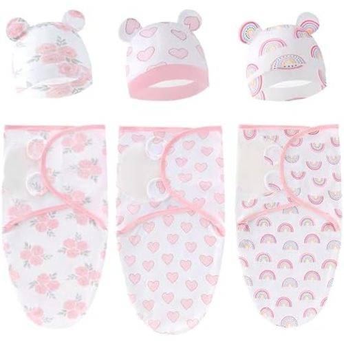 Baby Swaddle Sleep Sack with Hat Set for 0-3 months 3-Pack Soft Cotton Newborn Wearable Swaddle Wrap for Girls Boys