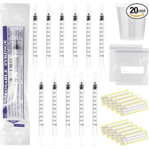 20 Sets 1ml Colostrum Syringes with Caps No Needle Colostrum Collector Kit Include 20pcs 1ml Sterile Syringes, 20 Labels, 2 Storage Bags and 1 Measuring Cup
