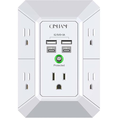 USB Wall Charger, Surge Protector, QINLIANF 5 Outlet Extender with 4 USB Charging Ports(2U2C) 3-Sided 1680J Power Strip Multi Plug Outlets Wall Adapter Spaced for Home Travel Office, White