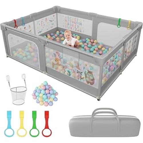 200x150cm Playpen Baby, Extra Large Baby Play Pen for Toddlers with Pattern Anti-Slip Sturdy Baby Play Yards Fence with 50 Balls, 4 Pull Rings, Balls Storage, Ball Storage & Zipper Door (Gray)