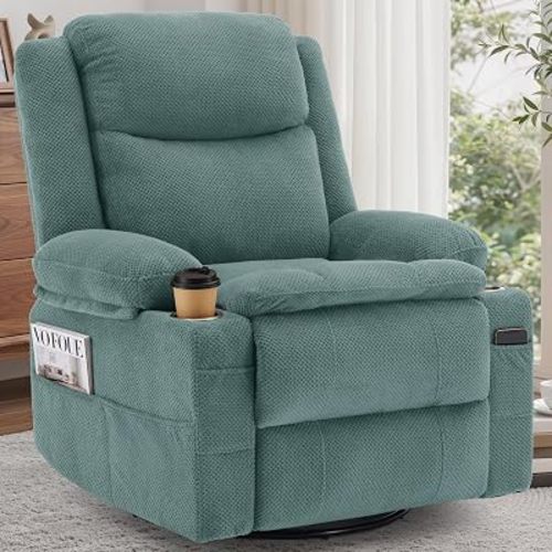 Korser Recliner Chair for Adults, 360°Swivel Rocker Recliner, Rocking Recliners with Massage & Heat, Nursery Rocking Chairs with Cup Holders, Manual Reclining Glider for Nursery, Living Room, Teal