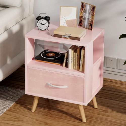 Night Stand, White Kids Nightstand with Drawer, Nursery Side Table with Open Storage, 2-Tier Modern End Table, Bedside Table for Small Space, Living Room, Bedroom
