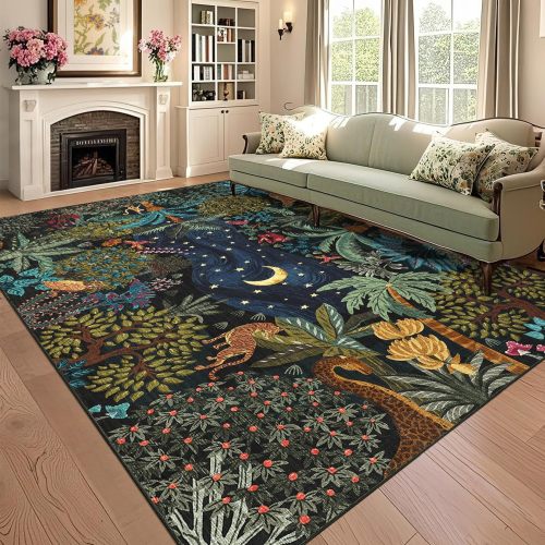 Garvee Jungle Blue Area Rug 5x7 Non-Slip Soft Washable Botanical Print Kids Bedroom Nursery Playroom Living Room