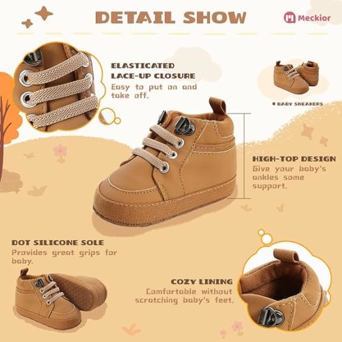 Meckior Toddler Baby Boys Girls High Tops Ankle Sneakers Soft Anti-Slip Sole PU Leather Moccasins Infant Newborn Prewalker First Walking Crib Shoes - 6-12 Months Infant
