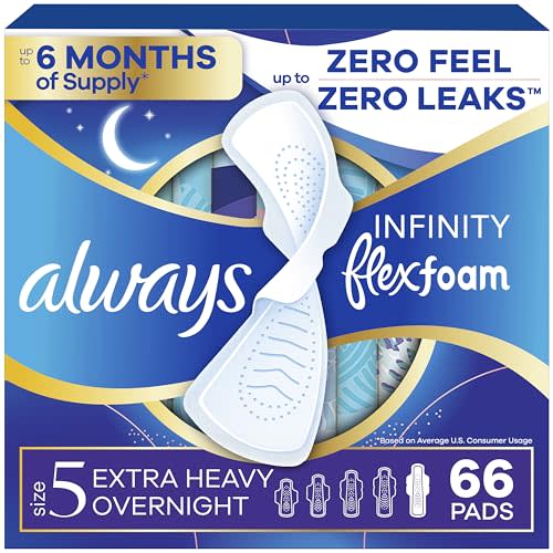 Always Infinity Feminine Pads for Women, Flexfoam Pads with Wings, Size 5, Extra Heavy Overnight Absorbency, Unscented, 66 Count (3 Packs of 22)