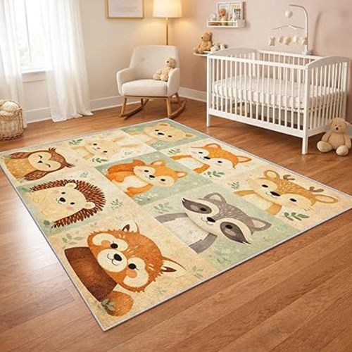 Kids Area Rug for Bedroom, Cute Woodland Animal Patchwork Rug, Bear Fox Deer Bunny Hedgehog Owl Raccoon Nursery Playroom Carpet, Washable Non-Slip Soft Low Pile Floor Rug for Boys Girls Room, 4x6