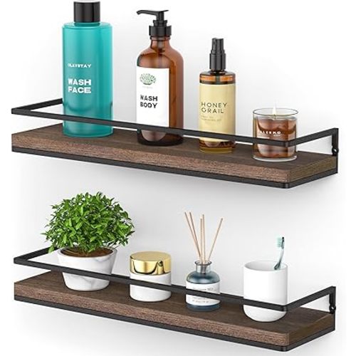 Meangood Floating Shelves Wall Mounted Set of 2, Rustic Wood Wall Storage Shelves for Bedroom,Living Room,Bathroom, Kitchen Brown