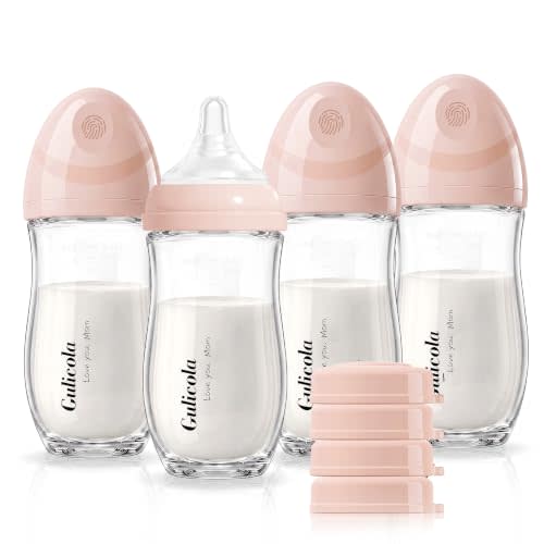 Gulicola Natural Glass Baby Bottle 8 oz for Breastfed Babies, Anti-Colic Baby Bottle Set with Medium Flow Nipple, 3 Months +, 4 Pack - Pink