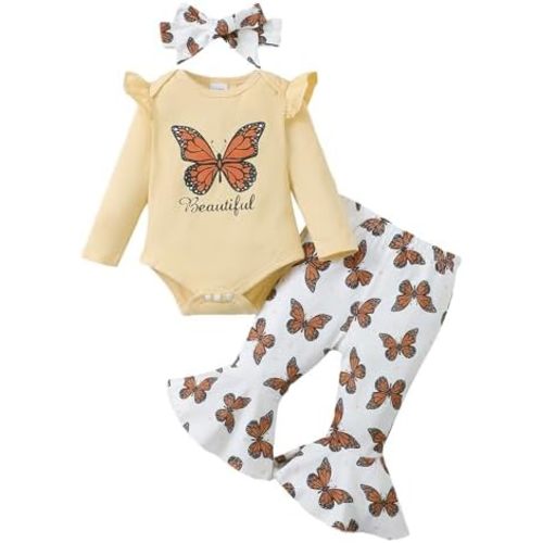 SUNNY PIGGY Baby Girl Clothes Newborn Infant Outfits Ruffle Long Sleeve Romper Pants Set with Headband