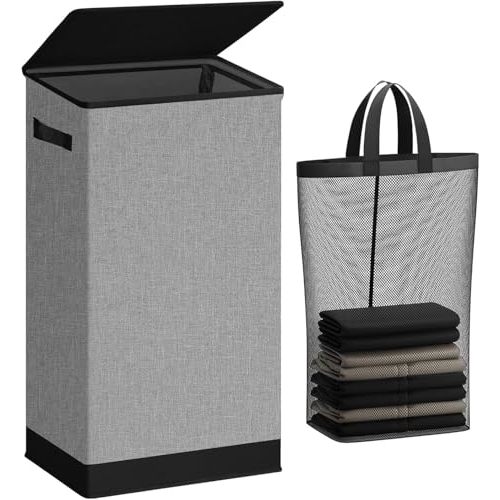 SOLEDI Laundry Hamper with Lid 100L Large & Tall Collapsible Laundry Basket, Clothes Hamper with Bag Removable Easy to Carry, Dirty Hampers for Bedroom, Bathroom, Dorm, College, Grey