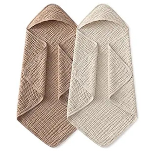 Yoofoss Hooded Baby Towels for Newborn 2 Pack 100% Muslin Organic Cotton Baby Bath Towel with Hood for Babies, Infant, Toddler and Kids, 32x32Inch, Soft and Absorbent Newborn Essential, Beige&Coffee
