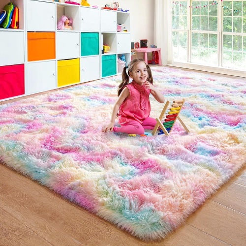 Junovo Soft Rainbow Area Rugs for Girls Room, Fluffy Colorful Rugs Cute Floor Carpets Shaggy Playing Mat for Kids Baby Girls Bedroom Nursery Room, 4'x6',Rainbow