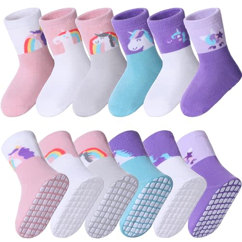 MQELONG 6 Pairs Baby Girls Non Slip Crew Socks Grips Socks for Infants Toddlers Kids Girls