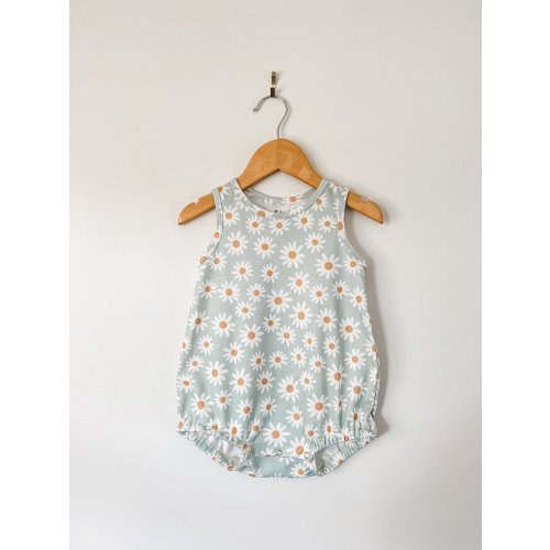 organic baby bubble romper blue daisy print — Lola & Stella