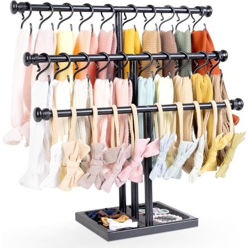 POVETIRE Headband Holder Stand Storage for Baby, 3 Tier Wooden Bow Organizer for Girls Hair Bows, Infant Hair Accessories Rack Display for Nursery Decor