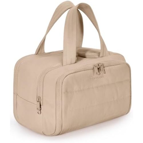 BAGSMART Travel Toiletry Bag, Puffy Toiletry Bag for Women, Wide-open toiletry bags for traveling, Large Travel Cosmetic Makeup Bag Organizer for Accessories,Toiletrie (Khaki)