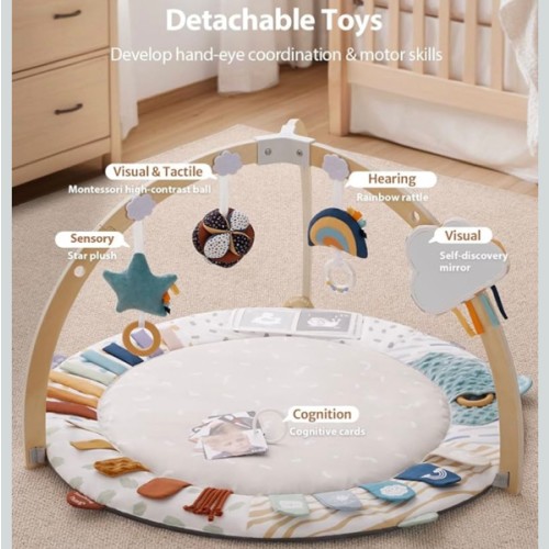 Blissful Diary Baby Play Gym & Activity Mat, 5 Developmental Zones Wooden Tummy Time Mat with 5 Detachable Sensory Toys for Motor Skills & Sensory Development, Baby Essentials Shower Gift