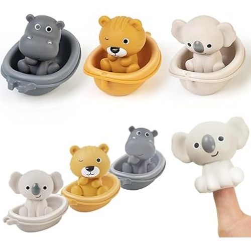 Baby Bath Toy Stackable Infant Bathtub Toys Stacking Floating Boat Train with Animal Finger Puppets Bath Toy Silicone Hand Puppet Educational Beach Toys for Babies Toddlers Party Favors