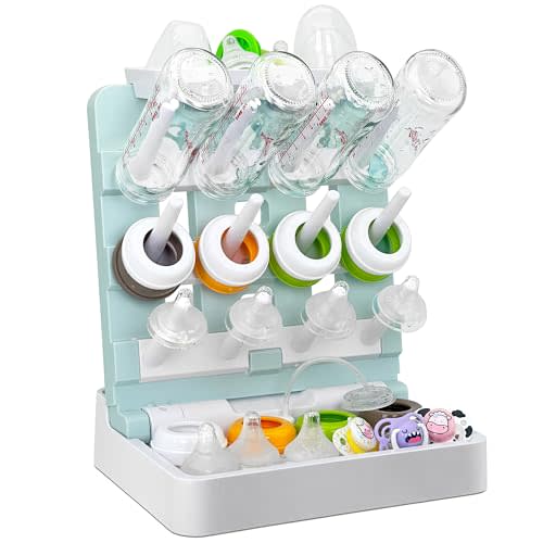 CINWWNI Baby Bottle Drying Rack, Vertical Standing Bottle Dryer Rack Holder-Space Saving Baby Bottle Drying Rack for Countertop-Holds Up to 12 Baby Bottles & Cup(Blue & White)