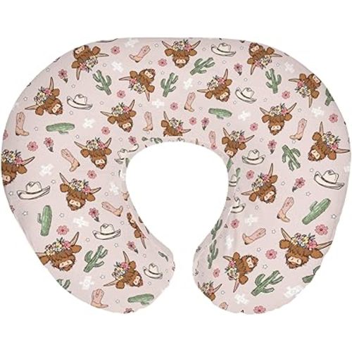 Highland Cows Cactus Baby Nursing Pillow Covers for Boy Girl Pink Western Cowgirl Boots Hats Yak Floral Nursery Pillowcase for Breastfeeding Pillows Wild West Soft Stretchy Slipcovers for Newborn