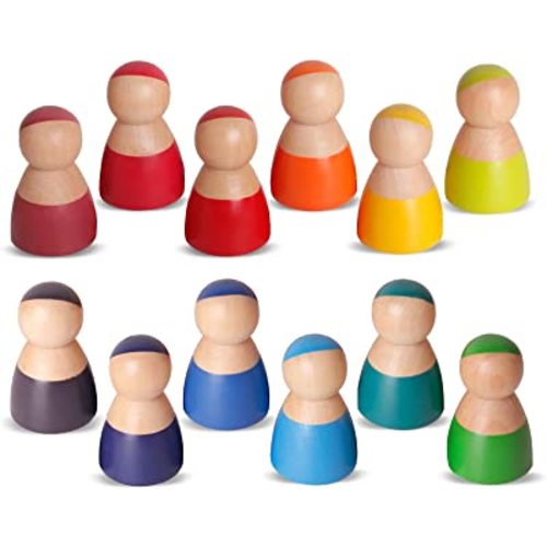 SHIERDU 12 PCS Rainbow Wood Peg Dolls Wooden Pretend Play People Figures for Toddlers Preschool Learning Educational Toys Wooden Toddler Toys for Boys Girls
