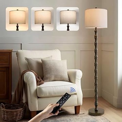 BOBOMOMO 62" Rustic Farmhouse Floor Lamp Dark Brown with Remote & Dimmable 9W Bulb, 3 Color Temperatures Resin Standing Lamp, Retro Tall Lamp for Living Room, Bedroom, Nursery, Office, Reading Nook