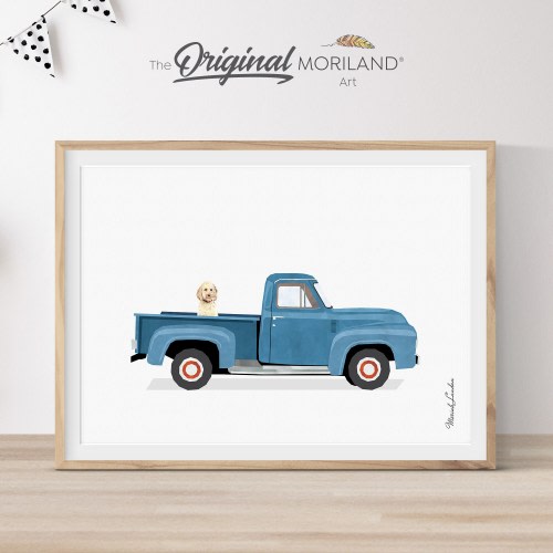 Blue Vintage Truck Goldendoodle Dog Art Print (Digital Download)