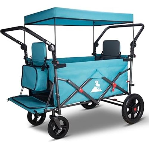 Foldable Wagon with Canopy - Collapsible Utility Cart with 2 Seats & Belts, Adjustable Handle, Expandable Front for Camping, Picnic, Shopping (Turquoise/Grey)