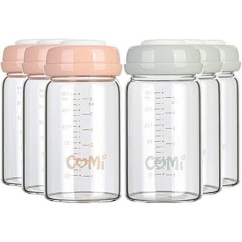 COMI Wide Neck Glass Breastmilk Collection n Storage Bottle, 4 Packs, 6oz with Screw Ring Sealing Disk; Re-markable Sealing Disc. BPA Free, Fits Breast Pumps & Nipples (3 Gray Lids + 3 Pink Lids)
