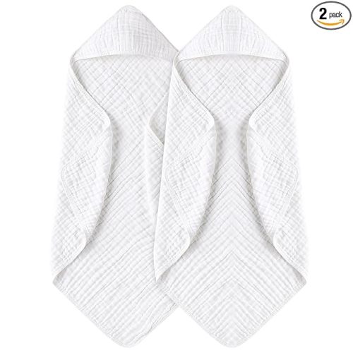 Hooded Baby Towels for Newborn 2 Pack 100% Muslin Organic Cotton Baby Bath Towel with Hood for Babies, Infant, Toddler and Kids, 32x32Inch, Soft and Absorbent Newborn Essential,White-2 Pack