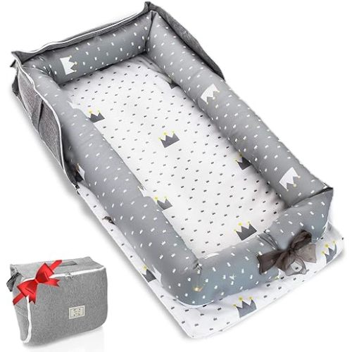 Baby Lounger for Newborn to Toddler 0-24 Months - Portable Infant Lounger with Breathable Cotton, Adjustable Size & Lengthen Space Travel Strap for Home, Outdoor (1. Crown)