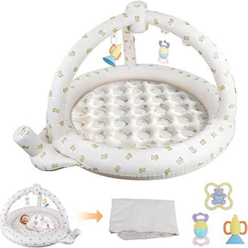 Inflatable Baby Play Gym Mat for Babies 0-6 Months, Portable Tummy Time Baby Activity Mat with Built in Pump and 3 Detachable Toys for Sensory Development & Motor Skill, Newborn Baby Gift - Bear