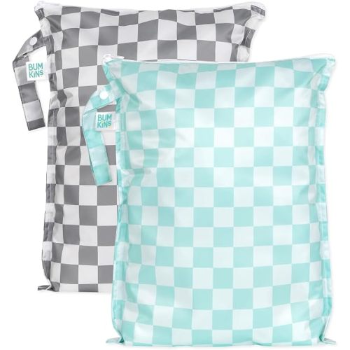 Bumkins - Larger Waterproof Wet Bag - For Baby, Travel, Swim Suit, Cloth Diapers, Pump Parts, Pool, Gym, Toiletry, Strap to Stroller - Reusable & Easy to Clean - 2pk - Gray & Mint Check