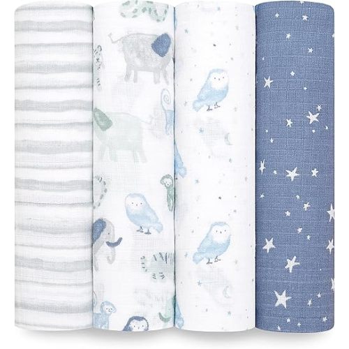 aden + anais Essentials Swaddle Blanket, Boutique Muslin Blankets for Girls & Boys, Baby Receiving Swaddles, Ideal Newborn & Infant Swaddling Set, Perfect Shower Gifts, 4 Pack, Time to Dream