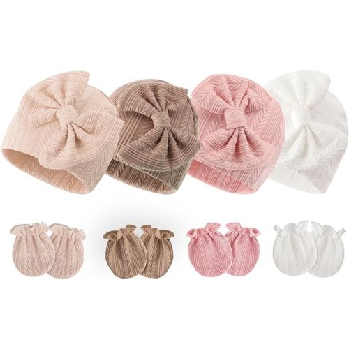 Newborn Baby Hats and Mittens Set Infant Bow Beanie Cap Toddler Gloves Newborn Hospital Hats for Baby Boy Girl 0-6 Months