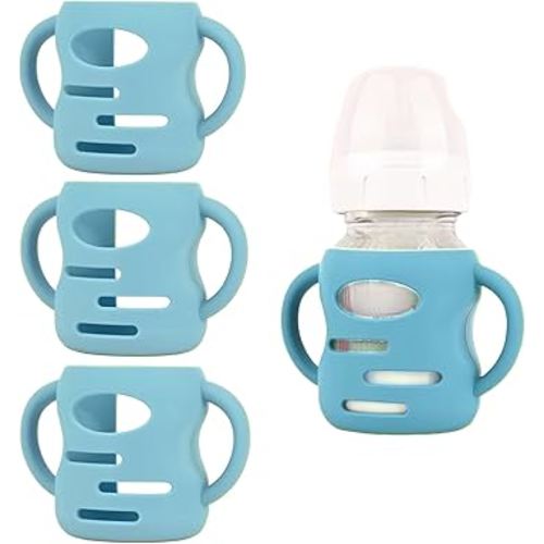 Frezonika 3 Pack Silicone Sleeves Compatible with Dr Brown Wide-Neck Glass Baby Bottles 5 OZ, Anti Breakage Silicone Handles Compatible with Dr. Brown's Glass Bottles for Babies (Blue, 5 OZ)