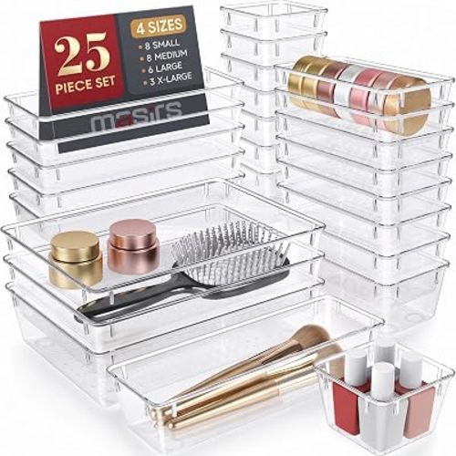 Masirs Clear Drawer Organizers Set 25 PCS – Plastic Storage Bins for Desk, Kitchen, Bathroom, Vanity – Modular, Stackable, Non-Slip Drawer Organizer Trays for Makeup, Utensils, Office Supplies