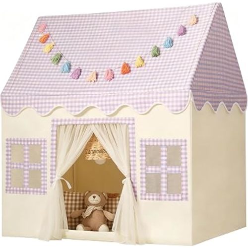 Kids Play Tent Indoor: Mat, Tassel Garland - Purple Checkered Girls Tent Playhouse Kids Toys for Boy Girl Birthday Gift