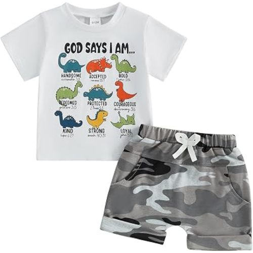 PUHHAPIEY Baby Boy Clothes Toddler Summer Outfit God Says I Am Dinosaur Short Sleeve Christian Tee Shirts Camouflage Shorts