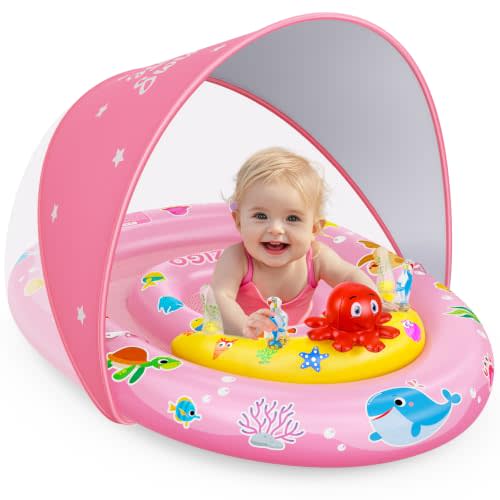 EZIGO Baby Pool Float with UPF50+ Canopy, Infant Swim Floats 6-36 Months | Toddler Floaties with Ocean Squeaky Toys, Adjustable Safety Seat, Sun Protection, Kids Inflatable Pool Floats for Boys Girls