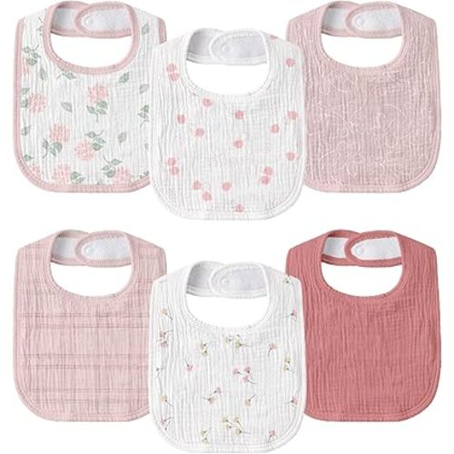 Muslin Baby Drool Bibs for Unisex Boys Girls, 6 Pack Soft Cotton Baby Bib for Teething Drooling, Essentials Shower Gift (6, Pink)