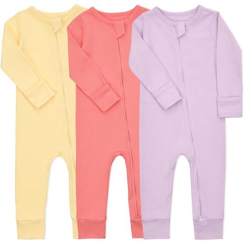 Aablexema Baby Cotton Fooltess Pajamas with Mitten, 3-pack Infant Romper Zip Up One Piece Jumpsuits Outfit