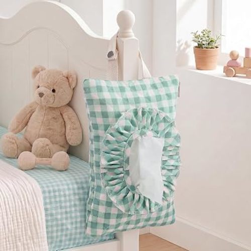 Quilted Diaper Wipe Pouch Green Ruffle Gingham Wipe Holder Portable Hanging Diaper Wet Tissues Bags Reusable Fabric Cover with Zipper & Lanyard for Car, Stroller, Outdoor Travel