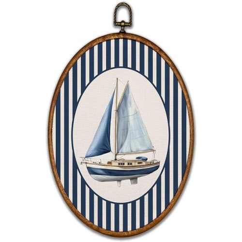 BCUANGD Vintage Sailboat Oval Wall Art Decor - Retro Striped Nautical Baby Boy Nursery Wall Art Canvas Frame Artwork Prints, Coastal Kids Oval Wall Hanging Decorations for Home Bedroom, 8.6"x11.4"