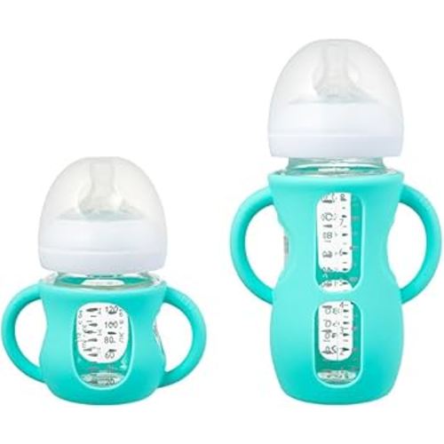 2 Pack Silicone Sleeves for Philips Avent Glass Natural Baby Bottles 4oz and 8oz, Anti Breakage Baby Bottle Holder with Handle, Feeding Bottle Handle (Cyan)