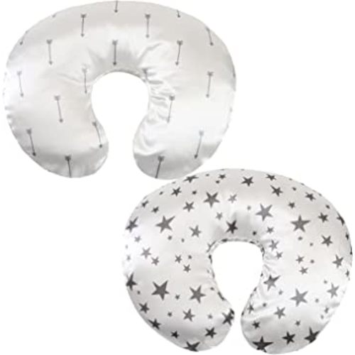Satin Nursing Pillow Cover Set - 2 Pack Ultra Soft Silk, Compatible with Boppy Pillow for Breastfeeding, Protects Baby Hair & Skin - Grey Arrows & Stars
