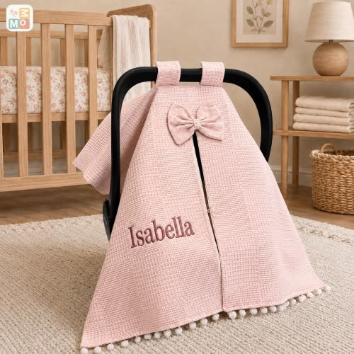 Personalized Light Pink Waffle Cotton Baby Car Seat Cover, Teddy Bear Pram Canopy