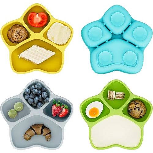 4 Pack Suction Plates for Baby & Toddler, 100% Food-Grade Silicone, 4 Large Divided Design, Microwave & Dishwasher Safe