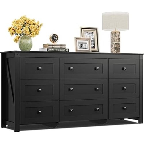 WLIVE Farmhouse Dresser for Bedroom, 63" Wide 9 Drawer Dresser Storage Organizer, Wood Chest of Drawers for Bedroom, TV Stand for 70 inch TV, for Living Room, Hallway, Ball Bearing Slide (Black)