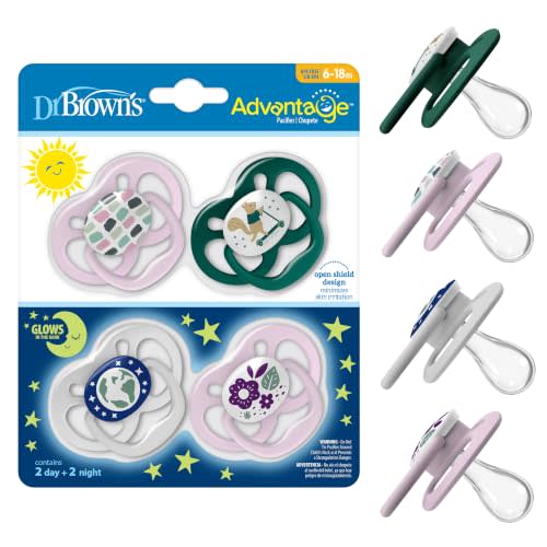 Dr. Brown's Advantage Glow-in-the-Dark Baby Pacifier, Fully Symmetrical Soother with Soft Silicone Bulb, Scooter Squirrel-Purple Nature, 6-18m, BPA Free, 4 Pack